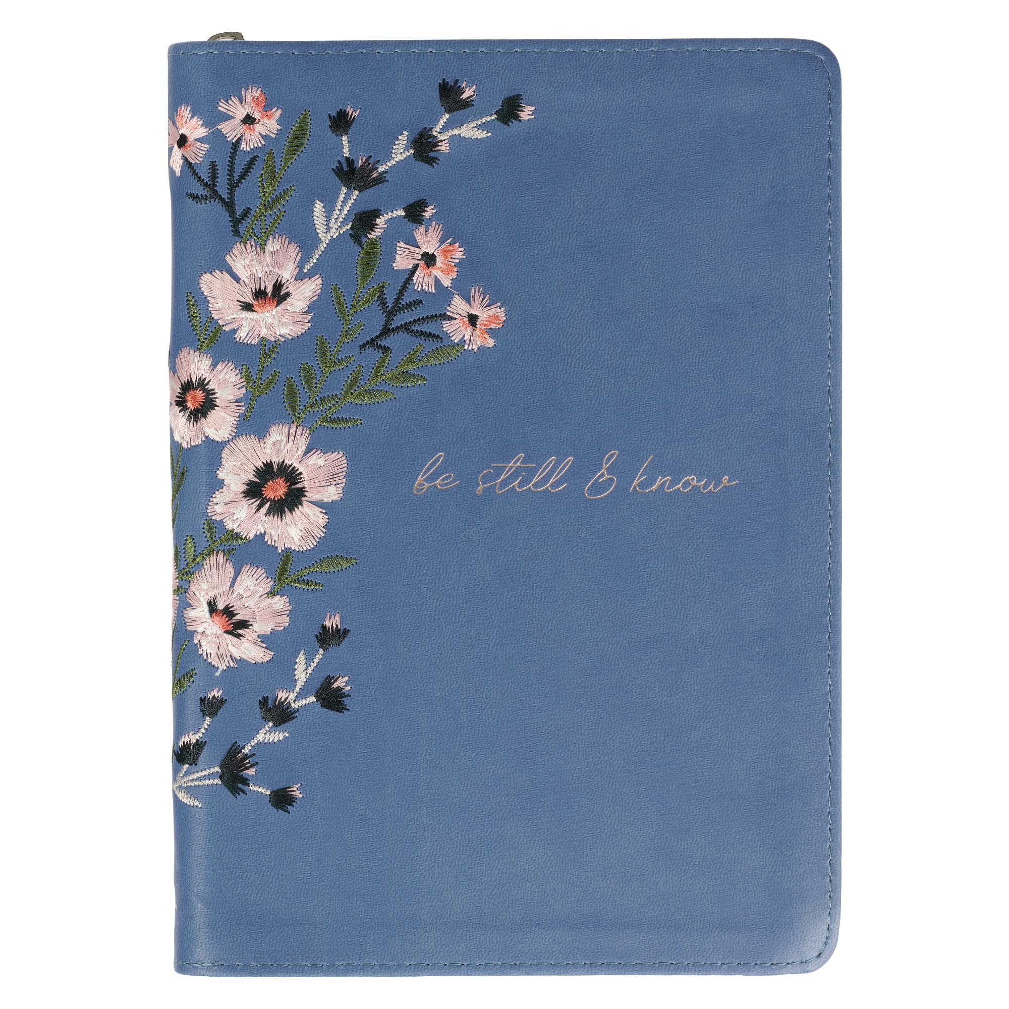 Classic Faux Leather Journal Be Still & Know Psalm 46:10 Blue Floral Embroidered Inspirational Notebook, Lined Pages w/Scripture