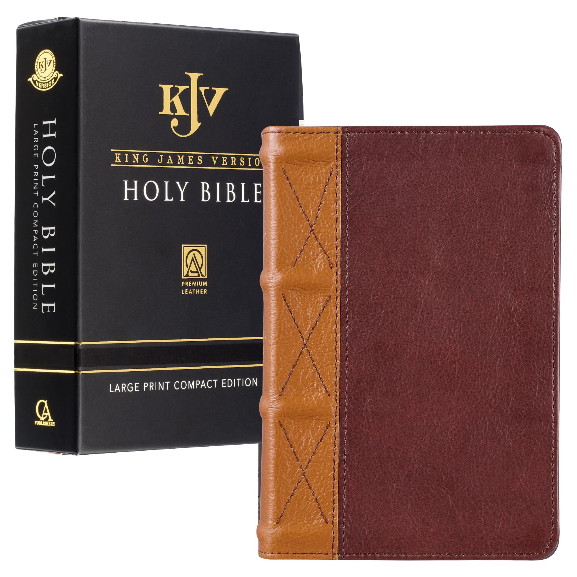 KJV Holy Bible, Compact Large Print, Premium Full Grain Leather Red Letter Edition Ribbon Marker, King James Version, Saddle T