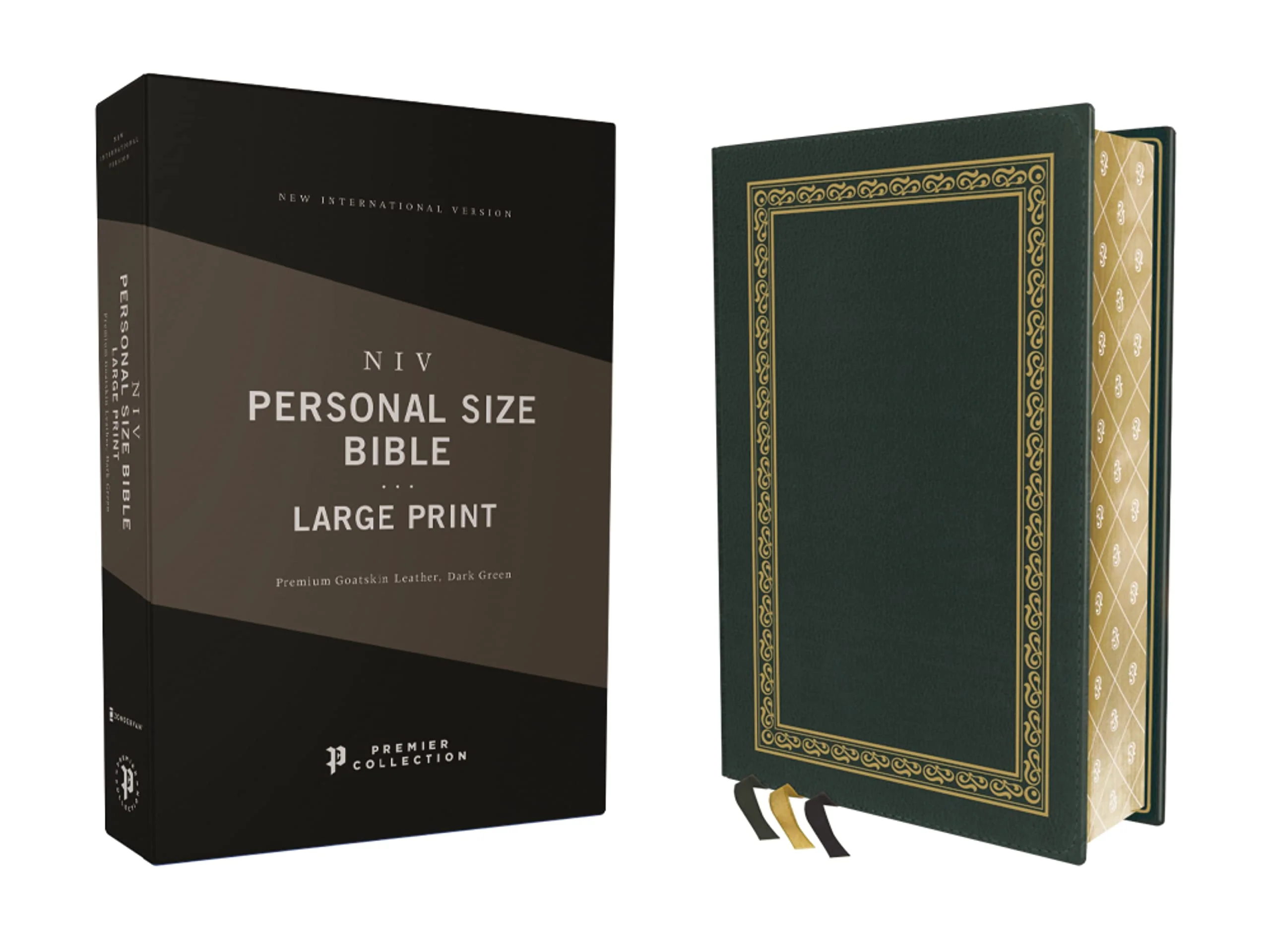 NIV, Personal Size Bible, Large Print, Premium Goatskin Leather, Green, Premier Collection, Black Letter, Gauffered Edges, Comfo